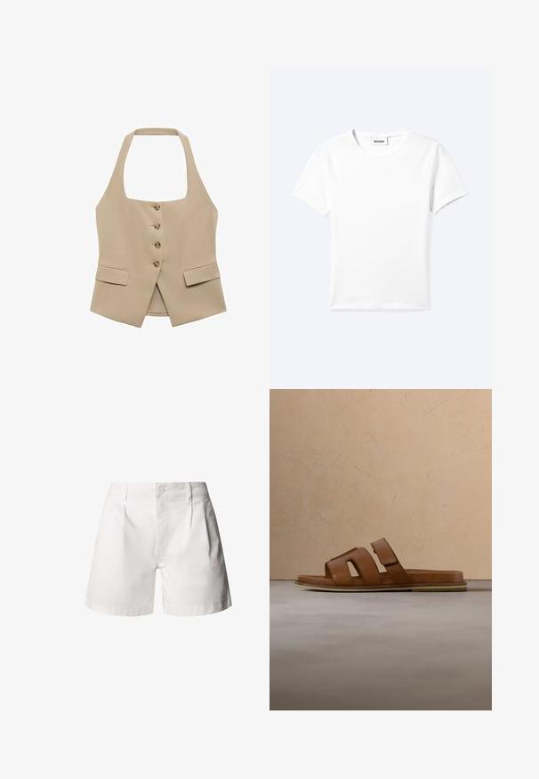 Chaleco beige de cuello halter con forma ajustada, cierre de cinco botones y dos bolsillos frontales. Fabricado en una tela suave con un acabado limpio.; Camiseta blanca lisa de manga corta con cuello redondo y una pequeña etiqueta "WEEKDAY" dentro del cuello, mostrada extendida sobre un fondo claro.; Pantalones cortos blancos de algodón a medida con cierre de botón, trabillas para cinturón y plisados delanteros.; Sandalia de cuero marrón con tres tiras, suela plana, detalle sutil de costura y punta redondeada. Flotando sobre una superficie beige texturizada.