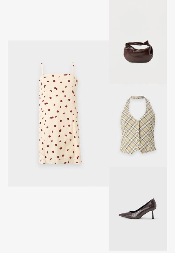Haut halter en plaid beige avec des accents noirs et blancs, présentant un décolleté en V profond et cinq boutons sur le devant. Le tissu a une texture lisse.; Robe nuisette crème à fines bretelles, ornée d'un imprimé cerises rouges dispersées sur le tissu, présentée sur un fond uni.; Escarpins à bout pointu en similicuir marron avec une texture crocodile, dotés d’un talon fin et angulaire ainsi que d’une doublure intérieure lisse.; Sac bandoulière en cuir marron foncé avec une forme souple et décontractée et une anse nouée torsadée sur un fond blanc uni.