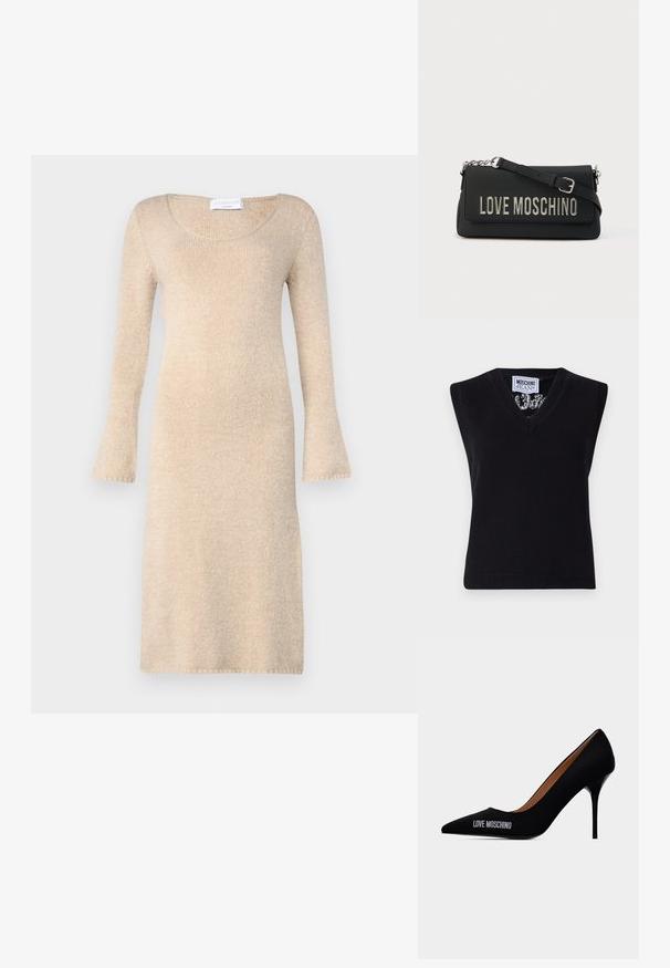 Sort, ærmeløs strik top med V-udskæring. Har ribbet kant og et mønster synligt omkring halsudskæringen. Etiketten siger "MOSCHINO JEANS."; Beige strikket kjole med lange, udvidede ærmer, rund halsudskæring og blød tekstur; falder lige over knæet med færdige kanter.; Sort spids tå stilet hæl med teksten "LOVE MOSCHINO" på ydersiden og et glat slip-on design.; Sort håndtaske i kunstlæder med "LOVE MOSCHINO" præget i sølv. Har en aftagelig skulderrem og kædedetaljer. Rektangulært formet.