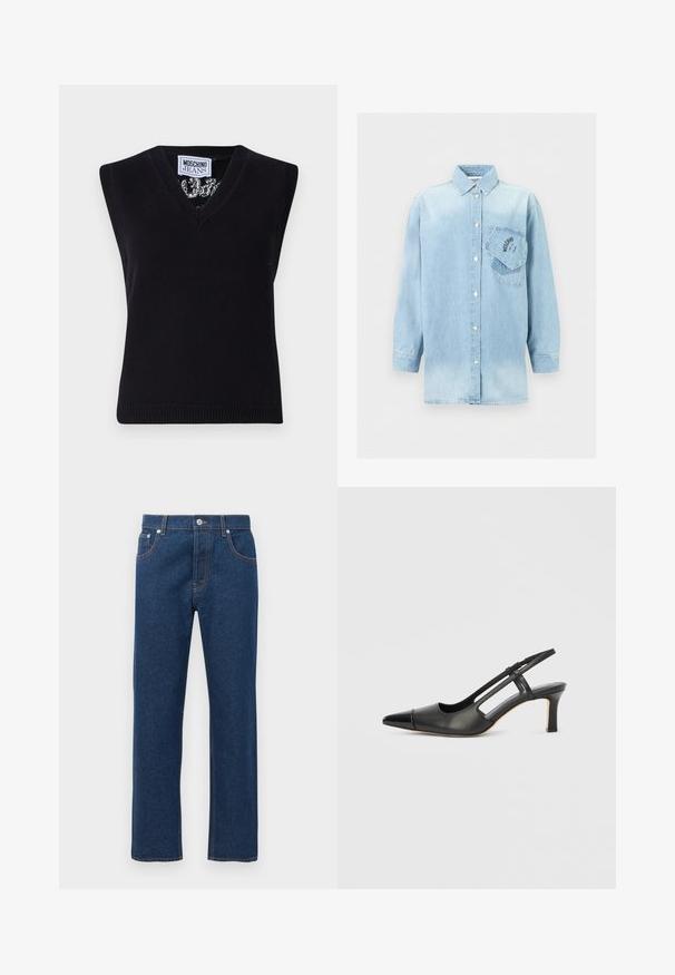 Must mustata top V-kaelusega. Omab ribadega äärt ja silmapaistvat mustrit kaeluse ümber. Silt ütleb "MOSCHINO JEANS."; Hele sinine teksariidest pika varrukaga särk, millel on nööpidega sulgemine ja kaks kattuvat rinnataskut, millest üks on kaldus ja sellel on must logo tekst.; Sirged püksid tumedast sinisest denimist, millel on ees ja taga taskud, vöökohad, nööbi sulgemine ning nähtav oranž õmblus.; Mustast nahast slingkinga, millel on terav ninaosa, läikiva detailiga ninaosaküljel ja keskmise kõrgusega kand. Avatud külgede disain.
