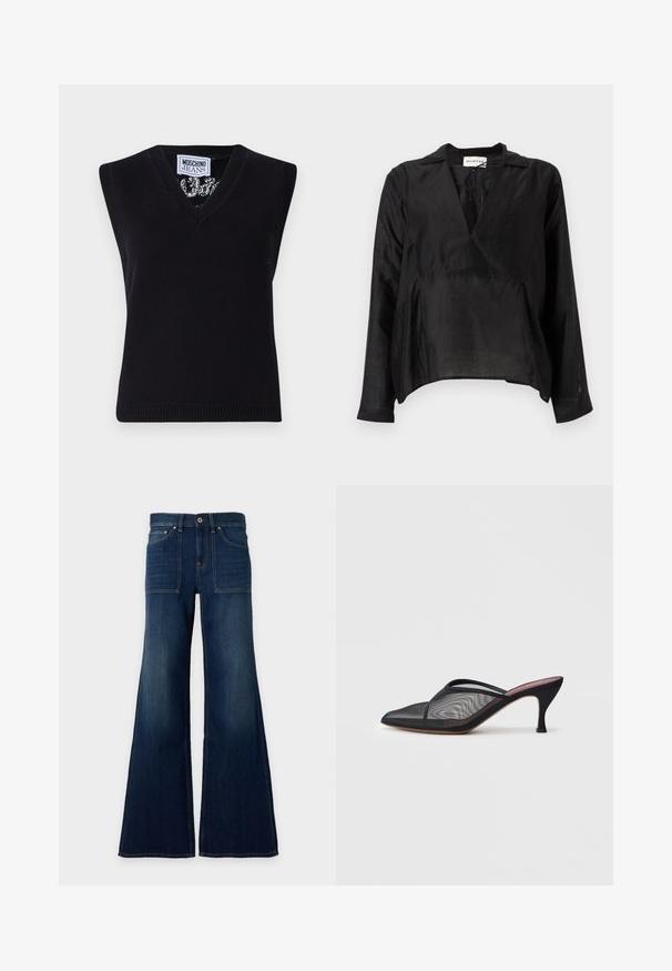 Sort, ærmeløs strik top med V-udskæring. Har ribbet kant og et mønster synligt omkring halsudskæringen. Etiketten siger "MOSCHINO JEANS."; Sort, langærmet bluse med V-hals, lavet af letvægtsstof. Har en løs pasform, bindedetalje foran og en let struktureret overflade.; Mørkeblå denimjeans med høj talje, vide ben, forlommelommer og knaplukning i taljen.; Sort mesh mule med spids tå, tynde stropper og 3-tommer stiletto hæl. Har en gennemsigtig struktur og en ensfarvet sål.