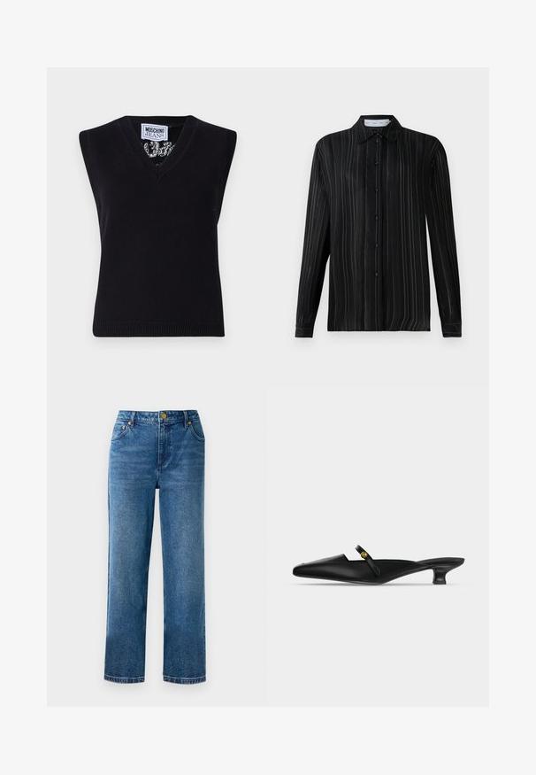 Sort, ærmeløs strik top med V-udskæring. Har ribbet kant og et mønster synligt omkring halsudskæringen. Etiketten siger "MOSCHINO JEANS."; Sort langærmet skjorte med knapper, forsynet med fine hvide lodrette striber og klassisk krave, vist på en ensfarvet hvid baggrund.; Blå høj talje jeans med lige ben, lavet af denim, med fem lommer og detaljer i guldtonet metal.; Sort mule med spids tå, lav kittenhæl og tynd rem over vristen med en lille guldknapdetalje.
