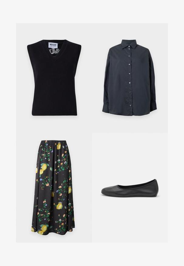 Sort, ærmeløs strik top med V-udskæring. Har ribbet kant og et mønster synligt omkring halsudskæringen. Etiketten siger "MOSCHINO JEANS."; Sort langærmet skjorte med knapper og krave samt mansjetter, vist fladt mod en hvid baggrund.; Sort midinederdel med elastik i taljen, dekoreret med gule citroner og farverige blomsterprint.; Sort læderballetsko med rund tå, glat tekstur, minimal syning og et fleksibelt såldesign.