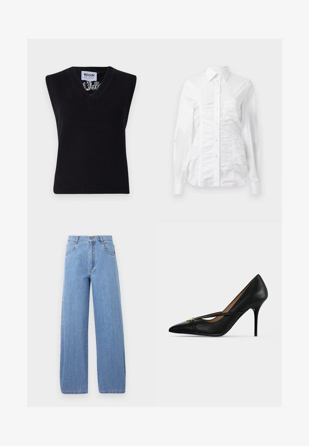 Sort, ærmeløs strik top med V-udskæring. Har ribbet kant og et mønster synligt omkring halsudskæringen. Etiketten siger "MOSCHINO JEANS."; Hvid skjorte med lange ærmer, der har en rynket tekstur på fronten, små gyldne knapper og en klassisk krave.; Lyseblå, vidde jeans lavet af denim, med høj talje, forlommer og diskrete syninger på sømmene.; Sort læder højhælet sko med spids tå og slank rem over toppen, fastgjort med en lille guldbælte på ensartet baggrund.