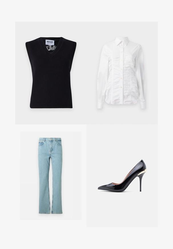 Must mustata top V-kaelusega. Omab ribadega äärt ja silmapaistvat mustrit kaeluse ümber. Silt ütleb "MOSCHINO JEANS."; Valge nööpidega särk pikade varrukatega, millel on kortsus tekstuur ees, väiksed kuldsed nööbid ja standardne krae.; Hele sinised sirgelõikelised teksapüksid, ees nööbi ja tõmblukuga, vööaasade ja viie taskuga, valgel taustal.; Mustast lakknahast kõrged kontsakingad, millel on terav nina ja kuldne aksent kontsadel. Sile tekstuur ja elegantne siluett.