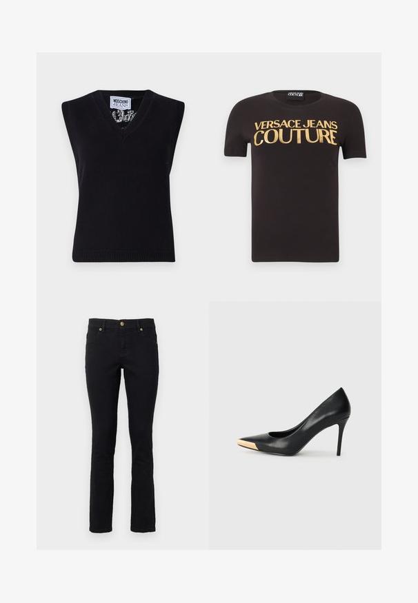 Must mustata top V-kaelusega. Omab ribadega äärt ja silmapaistvat mustrit kaeluse ümber. Silt ütleb "MOSCHINO JEANS."; Must lühikeste varrukatega t-särk, millel on rinna ees suured kuldsed tähed "Versace Jeans Couture", ümmargune kaelus ja kangasildike sees.; Mustadest denimist valmistatud teksased, mis on sirge lõikega, viie tasku disainiga, nööbiga kinnitamiseks ja kuldse tooni metallist detailidega. Pehme tekstuur ja minimaalne kujundus.; Mustmust suured mõõgapead; pöidla kurgus on metallist kullatooni aktsent. Sile pind ja peen disain.