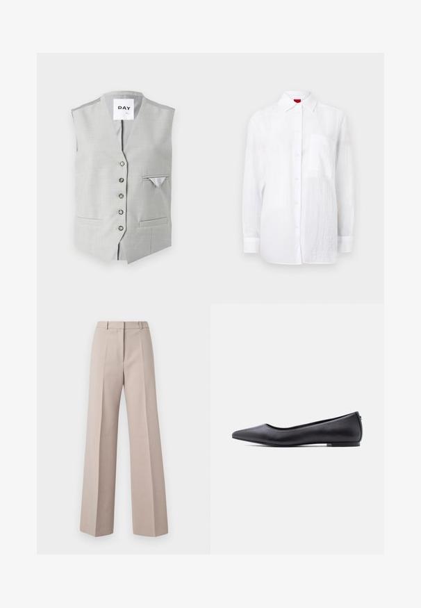 Grijze mouwloze vest gemaakt van gladde stof. Heeft zes knoopsluitingen, twee voorzakken en een kleine borstzak met een contrasterende voering.; Witte longsleeve shirt gemaakt van lichte stof, met een knoopsluiting aan de voorkant, kraag en een zak op de linkerkant van de borst. Subtiele textuurafwerking.; Beige wijde broek van een soepele stof, met een hoge taille, voorkreuken en een op maat gemaakte pasvorm.; Zwarte platte leren schoen met puntige neus en lage hak, zijaanzicht tegen een witte achtergrond.