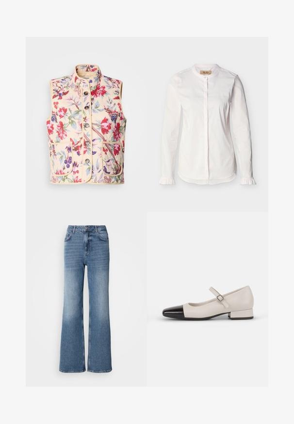 Chaleco de patrón floral en color crema, con un cuello alto, siete botones y dos bolsillos frontales, con una textura acolchada y ribetes en contraste.; Blusa blanca de manga larga con cuello mao, tapeta de botones oculta, sutiles rayas verticales y puños con volantes, mostrada sobre un fondo liso.; Mos Mosh MAI - Vaqueros rectos - blue wash; Zapato estilo Mary Jane en cuero crema con puntera de charol negro. Presenta una punta redonda, tirante en el tobillo con una hebilla cuadrada y un tacón bajo y cuadrado.