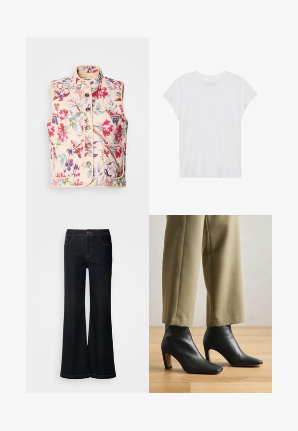 Chaleco de patrón floral en color crema, con un cuello alto, siete botones y dos bolsillos frontales, con una textura acolchada y ribetes en contraste.; Camiseta blanca de manga corta con cuello redondo, corte relajado, hecha de suave tela de algodón. Textura lisa, sin estampados ni logotipos.; Mos Mosh MMDARA DELUXE JEANS - Vaqueros boyfriend - dark blue; Botas de cuero negro hasta el tobillo con punta afilada, tacón cuadrado y una textura suave, combinadas con unos pantalones beige ajustados.