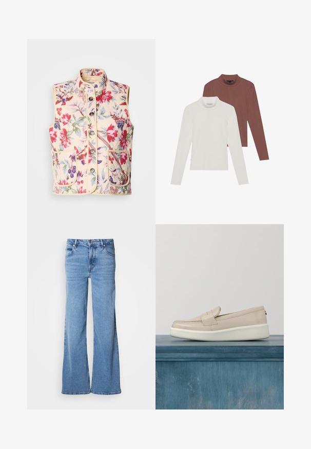 Chaleco de patrón floral en color crema, con un cuello alto, siete botones y dos bolsillos frontales, con una textura acolchada y ribetes en contraste.; Dos tops de cuello alto de manga larga: uno en blanco y otro en marrón óxido, confeccionados en una tela ligera y elástica con un diseño ajustado.; Vaqueros de pierna ancha azul claro hechos de mezclilla. Presentan un diseño clásico de cinco bolsillos y una bragueta con botones visibles. Textura suave y acabado sin adornos.; Mocasín slip-on beige claro con suela gruesa blanca, mostrado flotando sobre un suelo gris liso con fondo de rayas verticales.