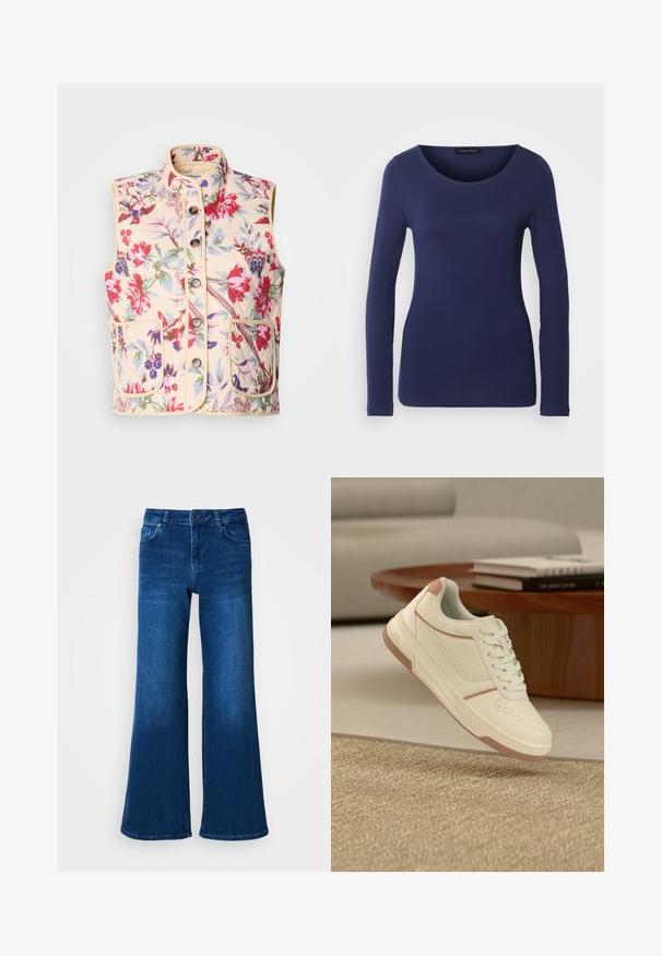 Chaleco de patrón floral en color crema, con un cuello alto, siete botones y dos bolsillos frontales, con una textura acolchada y ribetes en contraste.; Camiseta de manga larga en color navy, hecha de material suave, con un escote redondo y un diseño ajustado. Sin patrones ni acentos visibles.; Jeans anchos de mezclilla azul con una cintura alta, cuentan con cinco bolsillos, cierre de botón y cremallera, y una textura suave y uniforme.; Zapatilla de color crema con acentos marrón claro, cordones blancos, colocada cerca de una mesa de café de madera y un sofá beige en una sala de estar moderna.