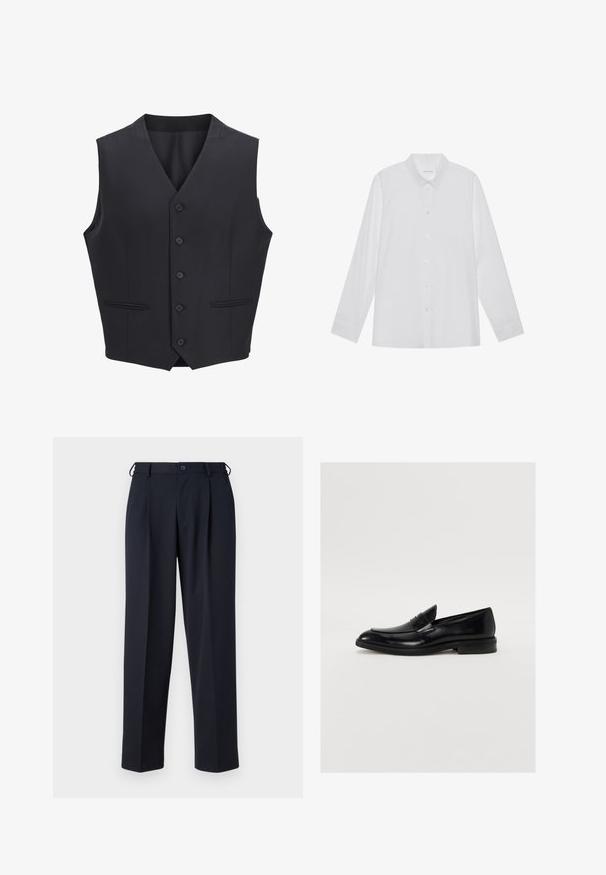 Marineblauwe vest gemaakt van geweven stof, met een V-halslijn, zes knopen aan de voorkant, twee smalle zakken en een gladde textuur.; Witte blouse met lange mouwen van soepel stof, met een puntige kraag, voorkant met knoopsluiting en manchetten met één knoop.; Donkerblauwe op maat gemaakte broek met knoop- en ritsluiting aan de voorkant, riemlussen en zijzakken, getoond op een witte achtergrond.; Zwarte leren instapper met ronde neus, subtiele stiksels en een gladde afwerking. Beschikt over een lage gestapelde hak en een band over de wreef.