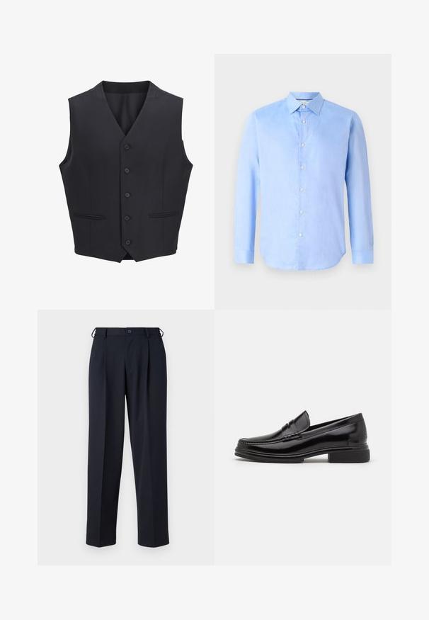 Marineblauwe vest gemaakt van geweven stof, met een V-halslijn, zes knopen aan de voorkant, twee smalle zakken en een gladde textuur.; Lichtblauwe, lange mouw, knoopshirt van geweven stof. Beschikt over een klassieke kraag en zes knopen aan de voorkant. Romige textuur en een getailleerd ontwerp.; Donkerblauwe op maat gemaakte broek met knoop- en ritsluiting aan de voorkant, riemlussen en zijzakken, getoond op een witte achtergrond.; Zwarte leren instappers met een afgeronde neus, voorzien van een gestikte detail over de wreef, en een lage blokhak. Glad textuur en glanzende afwerking.