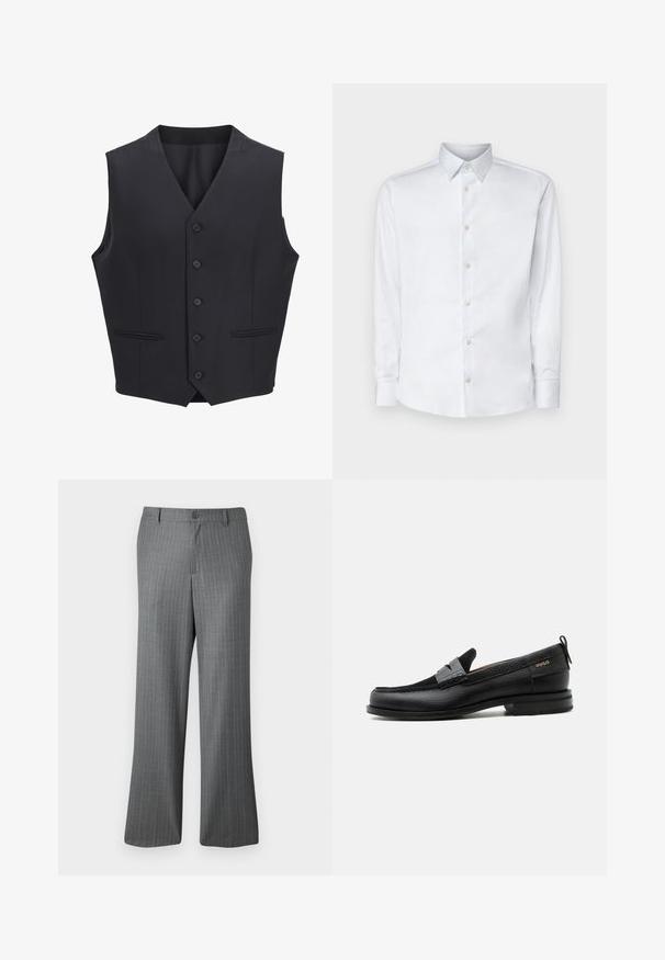 Marineblauwe vest gemaakt van geweven stof, met een V-halslijn, zes knopen aan de voorkant, twee smalle zakken en een gladde textuur.; Witte lange mouw shirt gemaakt van gladde stof, met een klassieke kraag, knoopsluiting en manchetten met knopen, gepresenteerd tegen een effen achtergrond.; Grijze pinstripe broeken met een ontspannen pasvorm, voorzien van een knoopsluiting, riemlussen en subtiele lichtblauwe strepen verspreid over de stof.; Zwarte leren loafer met grijs riemdetailelement, lage hak en gestructureerde zool, aan de zijkant gebrandmerkt met "HUGO" in goud.