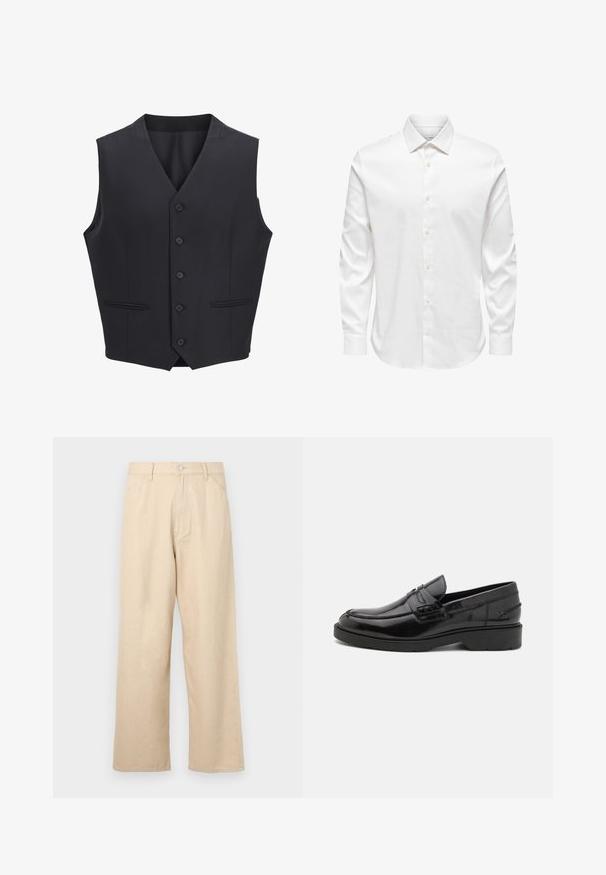 Chaleco azul marino hecho de tejido entrelazado, con escote en V, seis botones frontales, dos bolsillos estrechos y una textura suave.; Camisa de vestir blanca para hombre de manga larga con cuello puntiagudo y fila frontal de botones blancos sobre un fondo liso.; Pantalones de mezcla de denim beige de pierna ancha con un acabado texturizado, que cuentan con un cierre frontal de botones y un diseño clásico de cinco bolsillos.; Mocasines de cuero negro con un acabado suave, punta redondeada, tacón bajo y costura decorativa en la parte delantera. Suela de goma para mayor agarre.
