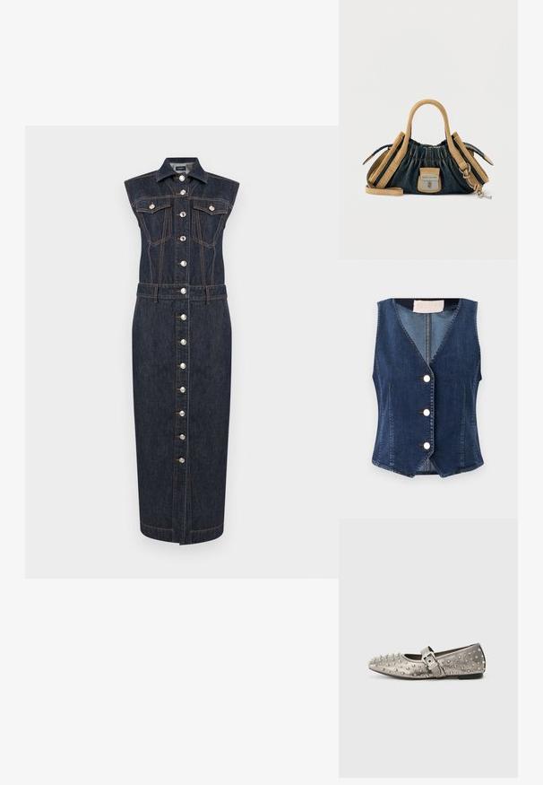 Gilet en denim bleu foncé, avec un col en V, cinq boutons blancs sur le devant, et une silhouette ajustée avec un ourlet légèrement évasé.; Robe midi en denim foncé sans manches avec fermeture à boutons sur le devant, deux poches à rabat sur la poitrine, un col et des surpiqûres contrastantes orange.; Chaussure plate grise à bout rond, ornée de clous métalliques, avec une sangle latérale présentant un détail de boucle en argent. Texture lisse.; Petit sac à main Marc Jacobs avec corps en denim, poignées et finitions en daim caramel, fermoir argenté et bandoulière ajustable avec clé attachée.