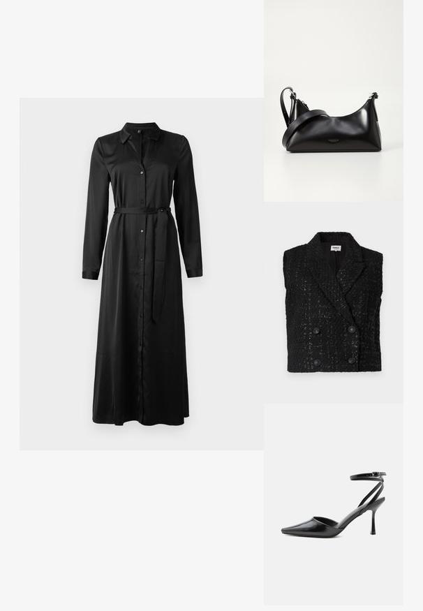 Gilet sans manches noir texturé à double boutonnage, avec revers en dents de scie et quatre boutons décoratifs à l'avant.; Robe noire à manches longues avec un devant à boutons, col et ceinture assortie à la taille. Tissu lisse, longueur jusqu'aux chevilles avec une coupe droite.; Escarpin noir à bout pointu avec fines brides de cheville et fermeture à boucle argentée sur fond clair uni.; Sac à main en cuir noir avec une texture lisse. Dispose d'une bandoulière adjustable et d'un design élégant et minimaliste avec une fermeture éclair.