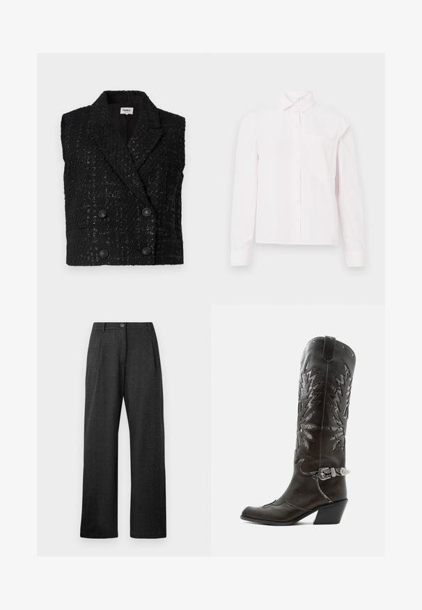 Gilet sans manches noir texturé à double boutonnage, avec revers en dents de scie et quatre boutons décoratifs à l'avant.; Chemise rose pâle à manches longues avec un col et une poche sur la poitrine, présentée sur un fond blanc.; Pantalons taille haute gris foncé avec fermeture à bouton, plis à l'avant, passants de ceinture et jambes larges et droites.; Botte de cowboy en cuir noir avec découpes décoratives, boucle argentée et talon incliné, présentée sur fond blanc.