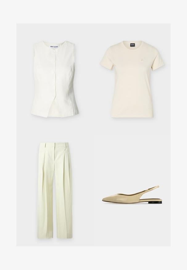 Gilet blanc sans manches à boutons avec encolure ronde et fente frontale subtile, étiqueté DKNY JEANS.; T-shirt à manches courtes couleur crème, col rond, avec petit logo brodé sur le côté gauche de la poitrine et étiquette noire "BOSS" à l'intérieur du col.; Pantalon ample couleur crème avec fines rayures verticales, plis à l'avant, poches latérales, et passants pour ceinture.; Chaussure plate beige à bout pointu avec bride arrière, petit talon noir et finition en cuir lisse, vue de côté sur un fond uni.