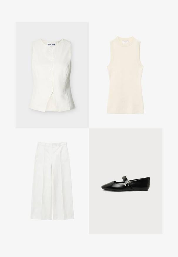 Gilet blanc sans manches à boutons avec encolure ronde et fente frontale subtile, étiqueté DKNY JEANS.; Top sans manches en maille côtelée crème avec col rond montant et silhouette ajustée.; Pantalon large blanc taille haute avec plis avant, poches latérales, passants pour ceinture et fermeture avant dissimulée.; Chaussure plate Mary Jane en cuir noir avec bout arrondi et bride à boucle argentée sur fond uni.