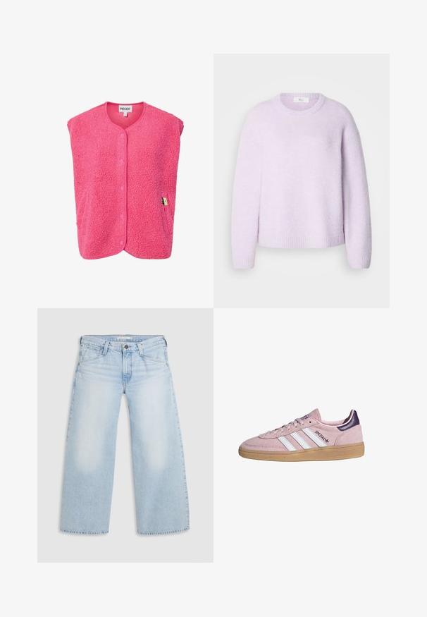 Gilet sans manches en velours rose flou avec des fermetures à bouton, un col rond et une poche latérale avec une petite étiquette. Matériau doux et texturé.; Pull violet clair avec un col rond, une texture douce, et des poignets et ourlet côtelés ; présente une coupe décontractée et des épaules légèrement tombantes.; Jean large bleu clair en denim. Présente une coupe droite, un design à cinq poches et une fermeture par bouton à la taille.; Baskets Adidas en suède rose avec des bandes blanches, une semelle en gomme, un talon violet et un marquage "SPEZIAL" sur le côté.