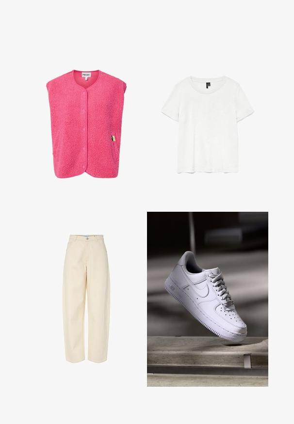 Gilet sans manches en velours rose flou avec des fermetures à bouton, un col rond et une poche latérale avec une petite étiquette. Matériau doux et texturé.; T-shirt blanc à manches courtes avec un col rond, fabriqué en tissu léger. Design simple, texture lisse et ourlet droit.; Pantalon à taille haute couleur crème, jambes larges, avec poches avant, passants pour ceinture et fermeture par bouton à la taille.; Baskets Nike Air Force 1 blanches lévitant au-dessus d'une surface en béton avec des ombres dans un cadre minimaliste.