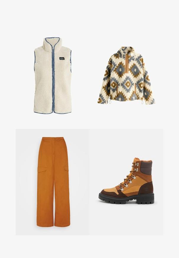 Protest PRTBODHI - Vest - kitoffwhite; Fleece-pullover med elfenbensfarvet baggrund, prydet med blå og brune diamantmønstre. Halv lynlås foran og sidelommer med brune detaljer.; 87Origins TROUSERS - Cargobukser - ginger; Timberland CORTINA VALLEY - Snørestøvletter - wheat