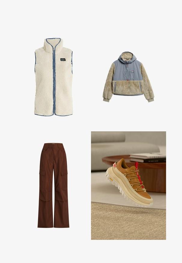 Protest PRTBODHI - Vest - kitoffwhite; Pullover jakke med en grå vandafvisende overdel og beige fleeceærmer og lomme. Har hætte og halv-lynlås lukning.; Brune cargo-bukser med brede ben, flere sidelommer, høj talje og robust bomuldsstof med en glat textured.; Brun og beige vandresko med rød tunge trækkesnor, tyk hvid sål og snørebånd i rebstil, svævende over et vævet beige tæppe indendørs.