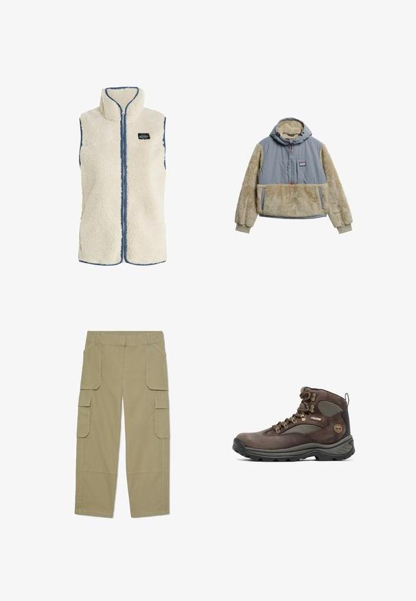 Protest PRTBODHI - Vest - kitoffwhite; Pullover jakke med en grå vandafvisende overdel og beige fleeceærmer og lomme. Har hætte og halv-lynlås lukning.; Khakifarvede cargobukser med flere klaplommer foran og på siderne, lige ben og bæltestropper i taljen.; Brun vandrestøvle med overdel i læder og mesh, gummisål, metaløjer og et mærket banner. Designet til holdbarhed og støtte.