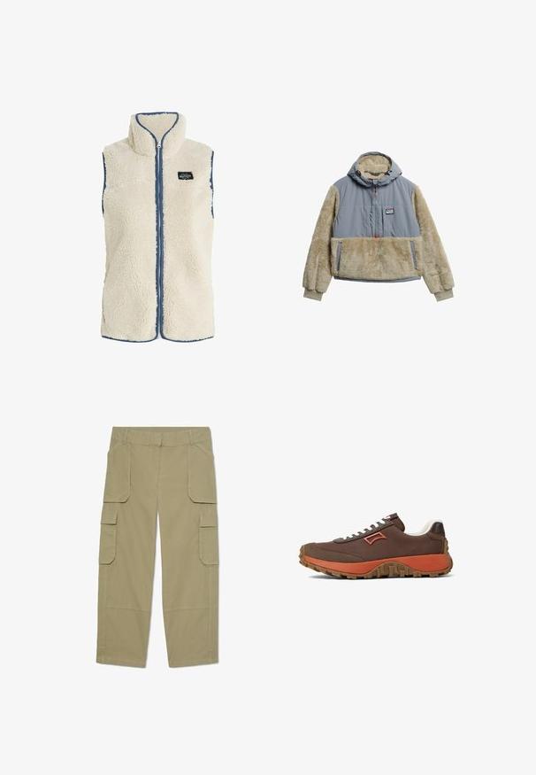 Protest PRTBODHI - Vest - kitoffwhite; Pullover jakke med en grå vandafvisende overdel og beige fleeceærmer og lomme. Har hætte og halv-lynlås lukning.; Khakifarvede cargobukser med flere klaplommer foran og på siderne, lige ben og bæltestropper i taljen.; Brune stof sneakers med hvide snørebånd, orange accenter og tekstureret brun gummisbund. Har et særpræget sideemblem.