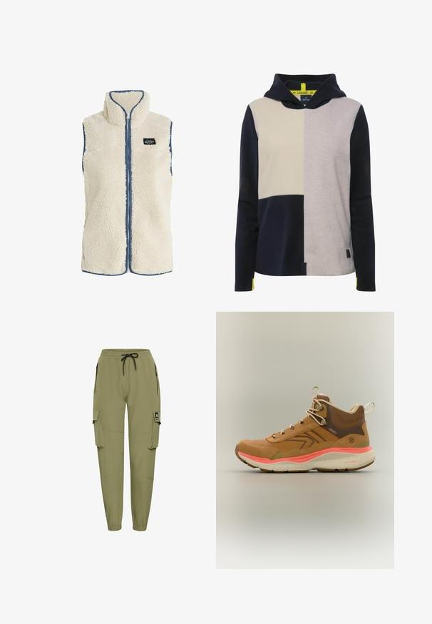 Protest PRTBODHI - Bodywarmer - kitoffwhite; Capuchon sweatshirt met een patchwork ontwerp in marineblauw, roomwit en grijs, gemaakt van zacht fleece materiaal met een labeldetail aan de zoom.; Olijfgroene cargobroek met elastische tailleband en verstelbaar trekkoord. Voorzien van twee zijritszakken en twee grote cargozakken.; Bruine hoge wandelschoen met beige veters, gewatteerde enkelkraag, koraalrode tussenzool en gestructureerde rubberen buitenzool op een effen achtergrond.