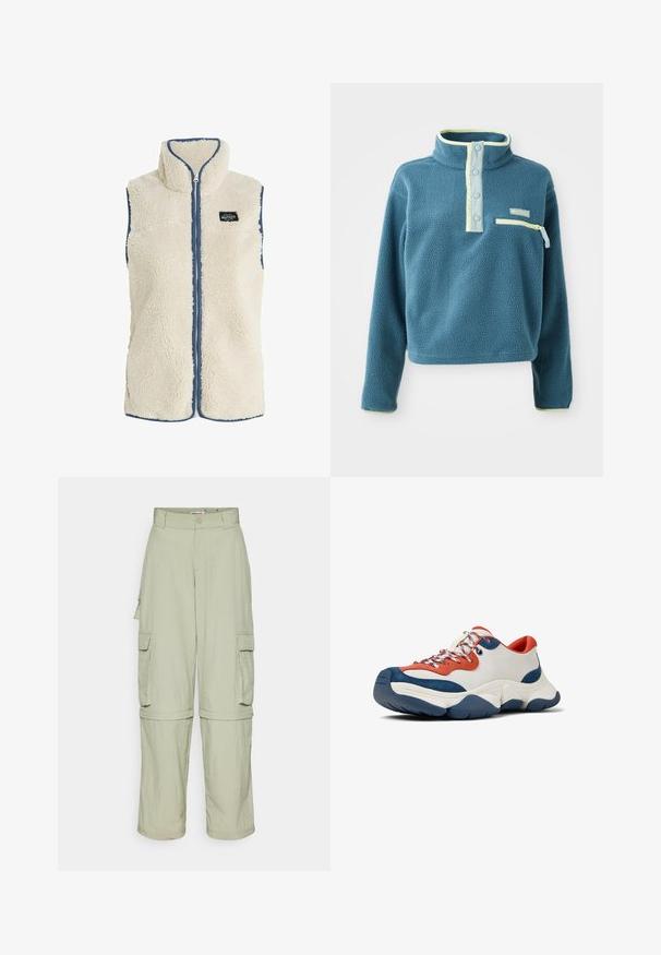 Protest PRTBODHI - Vest - kitoffwhite; Teal fleece-pullover med høj krave, der har en fire-knaps placket, en lynlåslomme på brystet og lysegrønne accenter langs kraven.; Lyse beige cargo bukser med bæltestropper, sidelommer med klap og lynlåsben, der kan tages af og omdannes til shorts.; Hvide lædersneakers med blå og orange accenter, strukturerede suede-paneler og mønstrede snørebånd. Har en kraftig gummisål for støtte.