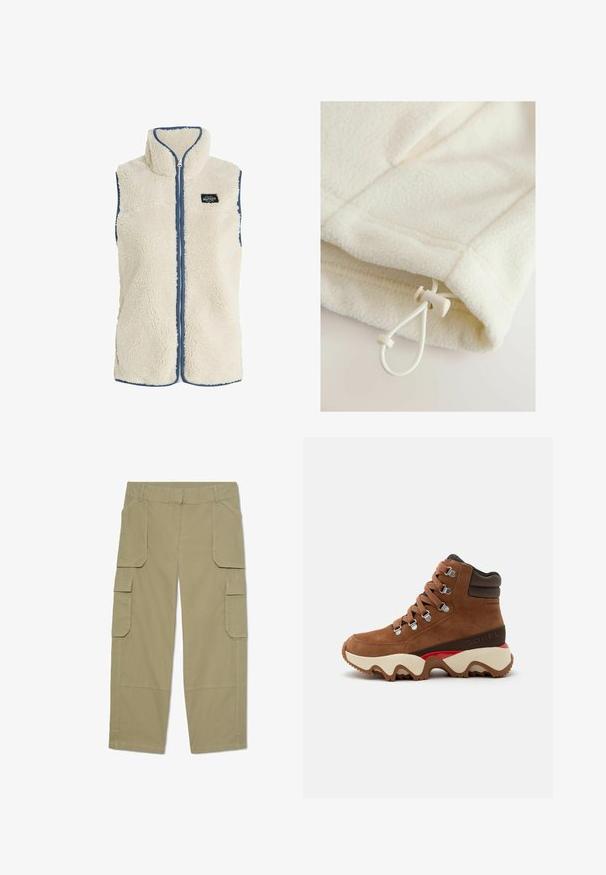 Protest PRTBODHI - Vest - kitoffwhite; Fleece-tøj i off-white med en blød tekstur, der har en toggle og snor til justering nederst.; Khakifarvede cargobukser med flere klaplommer foran og på siderne, lige ben og bæltestropper i taljen.; Brun ruskind vandrestøvle med tyk hvid og rød sål, polstret anklerem, metaløjer og runde snørebånd, vist i sideprofil.