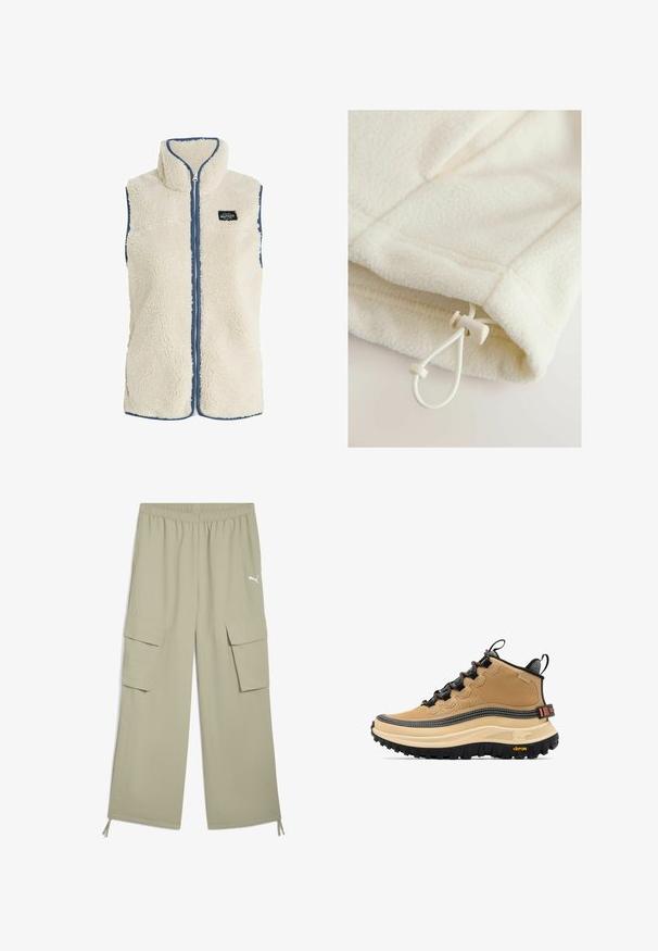 Protest PRTBODHI - Vest - kitoffwhite; Fleece-tøj i off-white med en blød tekstur, der har en toggle og snor til justering nederst.; Lys khaki cargo bukser med elastisk talje, to sidelommer og logo detalje. Materialet ser glat ud med en let struktureret overflade.; Tanfarvet højtop vandrestøvle med sorte snørebånd, tyk beige sål, sort robust ydersål og "SOREL" branding på siden og hælflappen.
