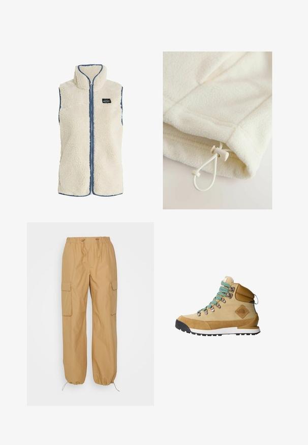 Protest PRTBODHI - Vest - kitoffwhite; Fleece-tøj i off-white med en blød tekstur, der har en toggle og snor til justering nederst.; b.young BYDEMETE - Cargobukser - tiger's eye; Tan vandrestøvle med overdel i ruskind og kanvas, turkise snørebånd, polstret krave og sort gummisål med et struktureret grebmønster.