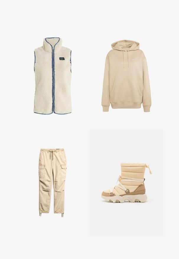 Protest PRTBODHI - Vest - kitoffwhite; Beige hættetrøje med forlomme, snørre i hætten, ribstrikkede manchetter og kant samt lille hvidt logo på venstre bryst.; Beige cargobukser lavet af letvægtsstof. Indeholder elastisk talje, snøre og flere sidelommer med afsmalnende ben.; Beige pufferstøvle med en rund tå, elastiske stropper og metalringe. Tekstureret materiale, chunky hvid sål med zigzag mønster.