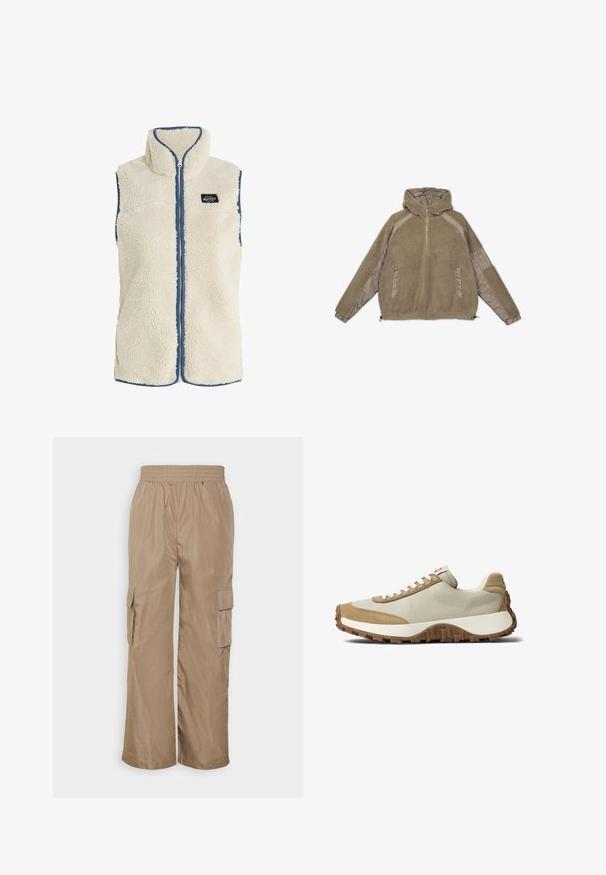 Protest PRTBODHI - Vest - kitoffwhite; Fleece hættetrøje i lys brun med halv lynlås fortil, elastiske manchetter, sidelommer og kontrasterende glatte stofdetaljer.; Even&Odd Cargobukser - beige; Beige læder- og ruskindsneaker med en struktureret finish, hvide snørebånd og en brun gummisål med mønstret grebssål.