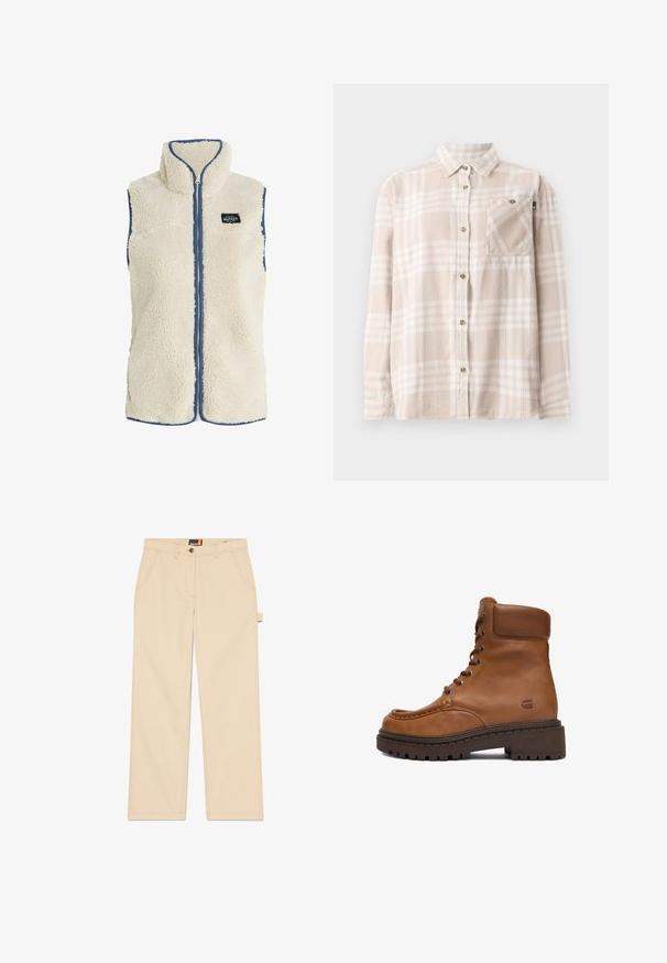Protest PRTBODHI - Vest - kitoffwhite; Beige og hvid ternet langærmet skjorte med krave og brystlomme, vist fladt på en hvid baggrund.; Beige bukser med lige ben lavet af let stof. Har to forlommer, bæltestropper og synlige syninger.; Brune læder ankelstøvle med rund tå, tyk brun gummisål, fremtrædende syninger og snørebånd foran. Har en polstret krave.