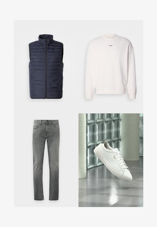 Marineblauer Steppweste mit hohem Kragen, Reißverschluss vorne und horizontalen Nähten. Mit seitlichen Taschen und Logo der Marke auf der Brust. Leichtes Design.; Weißes Rundhals sweatshirt aus einem weichen Baumwollgemisch, mit lockerer Passform, gerippten Bündchen und schwarzem "HUGO"-Logo auf der Brust.; Graue Slim-Fit-Jeans mit Vordertaschen und Knopfverschluss, vor einem weißen Hintergrund präsentiert.; Weißer Leder-Low-Top-Sneaker mit Schnürsenkeln, schwarzer Fersenschlaufe und „BOSS“-Logo, der drinnen nahe einer Glassteinwand und einem polierten Boden schwebt.