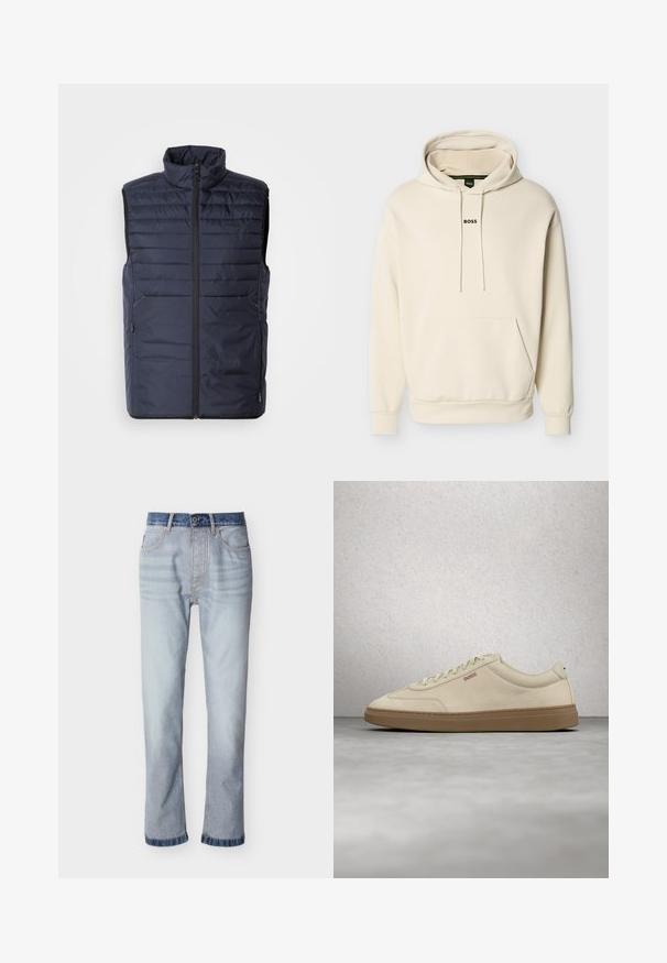Marineblauer Steppweste mit hohem Kragen, Reißverschluss vorne und horizontalen Nähten. Mit seitlichen Taschen und Logo der Marke auf der Brust. Leichtes Design.; Hellcremefarbener Kapuzenpullover mit einer Fronttasche, verstellbaren Kordeln und dem "BOSS"-Logo in Schwarz auf der Brust bestickt. Weiches Material.; Hellblaue Jeans aus Denim mit einem dunkelblauen Bund, geradem Beinverlauf, fünf Taschen und sichtbaren Nahtdetails.; Hellbeiger Wildledersneaker mit Gummisohle, auffälligen Schnürsenkeln und dezenten Nahtdetails. Sauberes Design mit minimalistischem Ästhetik.