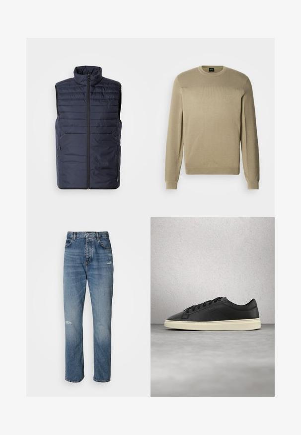 Marineblå puffervest med høj krave, lynlås foran og vandret syninger. Har sidelommer og brandlogo på brystet. Letvægtsdesign.; Beige sweater lavet af blødt strikket stof med rund halsudskæring, lange ærmer og struktureret rib på skuldrene. Diskret logo-detalje.; Lyseblå denim jeans med lige ben-design, der har en knap- og lynlåslukning, fem lommer og slidte detaljer ved knæet.; Sorte lædersneakers med rund tå, flade snørebånd og en cremefarvet gummisål, med diskret mærkning og en glat tekstur.