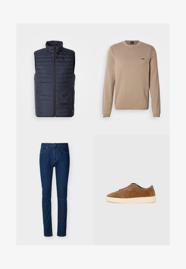 Marineblå puffervest med høj krave, lynlås foran og vandret syninger. Har sidelommer og brandlogo på brystet. Letvægtsdesign.; Beige striktrøje med lange ærmer, rund halsudskæring, ribbekanter og lille sort 'BOSS' logo på brystet. Blød tekstur, klassisk pasform.; Mørkeblå denimjeans med slim fit, fem-lomme design, synlige syninger og knaplukning ved taljen. Glat tekstur.; Brun ruskindsneakers med rundet tå, cremefarvet gummisål og ton-i-ton snørebånd. Har præget logo på siden og en glat bagplade.