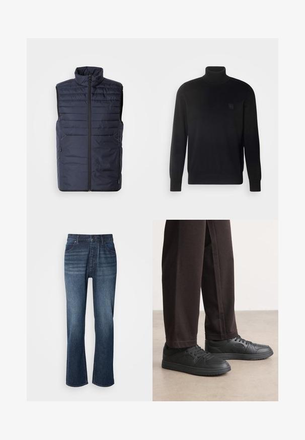 Marineblauer Steppweste mit hohem Kragen, Reißverschluss vorne und horizontalen Nähten. Mit seitlichen Taschen und Logo der Marke auf der Brust. Leichtes Design.; Schwarzer Rollkragenpullover mit langen Ärmeln, geripptem Kragen und Bündchen, aus einem glatten Stoff gefertigt. Mit einem kleinen Logo-Patch auf der Brust.; Jeans aus Denim mit geradem Bein, mittlerer Waschung, Fünf-Taschen-Stil und Knopfverschluss. Der Stoff hat eine glatte Textur mit leichter Ausbleichung.; Schwarze Sneakers mit einer glatten, lederähnlichen Textur, runder Zehenpartie und Schnürdesign. Kombiniert mit dunklen, locker sitzenden Hosen. Flache Gummisohle.