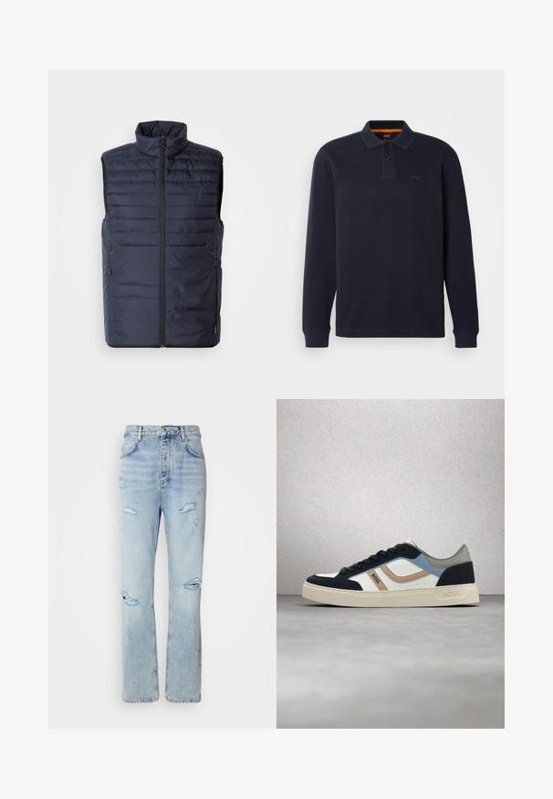 Marineblauer Steppweste mit hohem Kragen, Reißverschluss vorne und horizontalen Nähten. Mit seitlichen Taschen und Logo der Marke auf der Brust. Leichtes Design.; Marineblaue langärmelige Poloshirt aus strukturiertem Stoff mit einer Knopfleiste am Hals. Verfügt über ein kleines gesticktes Logo auf der Brust.; Hellblaue Jeans mit legerer Passform, featuring distressed Stellen und fransigen Kanten. Der Stoff hat eine weiche, glatte Textur.; Weißer, marineblauer, blauer und beige BOSS-Sneaker mit schwarzen Schnürsenkeln, schwebend über einem polierten Betonboden nahe einer Glasbausteinwand.