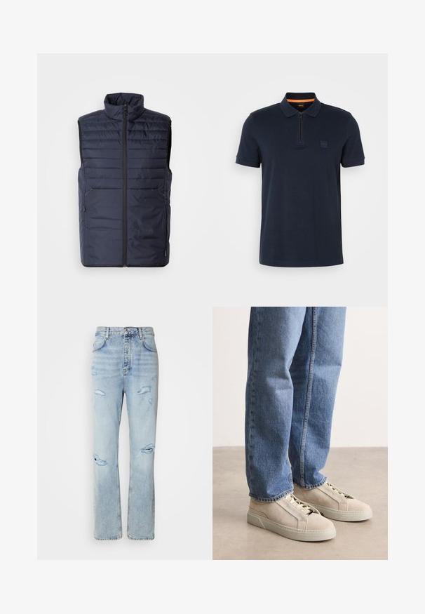 Marineblauer Steppweste mit hohem Kragen, Reißverschluss vorne und horizontalen Nähten. Mit seitlichen Taschen und Logo der Marke auf der Brust. Leichtes Design.; Marineblaues Polohemd mit Reißverschlusskragen, ausgestattet mit einem kleinen Logopatch auf der Brust und kurzen Ärmeln. Material aus Baumwollmischung mit glatter Textur.; Hellblaue Jeans mit legerer Passform, featuring distressed Stellen und fransigen Kanten. Der Stoff hat eine weiche, glatte Textur.; BOSS GARYTENN_SDHDEL - Sneaker low - natural ten
