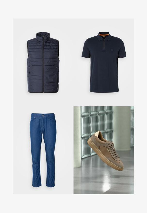 Marineblauer Steppweste mit hohem Kragen, Reißverschluss vorne und horizontalen Nähten. Mit seitlichen Taschen und Logo der Marke auf der Brust. Leichtes Design.; Marineblaues Polohemd mit Reißverschlusskragen, ausgestattet mit einem kleinen Logopatch auf der Brust und kurzen Ärmeln. Material aus Baumwollmischung mit glatter Textur.; Blaue Jeanshose mit geradem Bein, Fronttaschen und einem einzelnen Knopfverschluss. Glatte Textur mit minimaler Detailgestaltung.; Beiger Freizeitsneaker mit Schnürsenkeln und „BOSS“-Logo, der über einem polierten Betonboden mit Glasbausteinwand im Hintergrund schwebt.