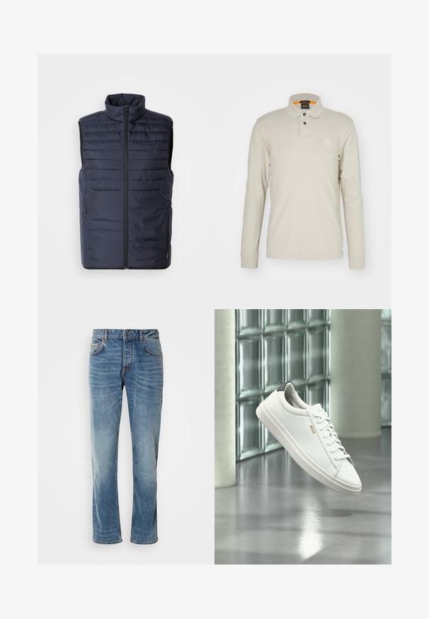 Marineblauer Steppweste mit hohem Kragen, Reißverschluss vorne und horizontalen Nähten. Mit seitlichen Taschen und Logo der Marke auf der Brust. Leichtes Design.; Langarm-Polohemd aus hellbeigem Baumwollstoff. Verfügt über einen Kragen, zwei Knöpfe und ein kleines, geprägtes Logo auf der Brust. Oranger innerer Kragen.; Helle blaue Jeans aus Denim mit geraden Beinen, fünf Taschen, kontrastierenden Nähten und einem abgewetzten Finish. Verfügt über einen Knopf- und Reißverschluss.; Weißer Leder-Low-Top-Sneaker mit Schnürsenkeln, schwarzer Fersenschlaufe und „BOSS“-Logo, der drinnen nahe einer Glassteinwand und einem polierten Boden schwebt.