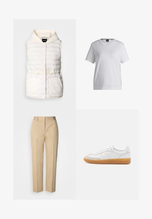 Gilet blanc rembourré avec capuche, présentant des boutons-pression, une taille à cordon et deux poches avant avec une texture douce. Étiquette de marque : BOSS.; T-shirt en coton blanc avec un col rond, des manches courtes et une coupe décontractée. Il présente une petite étiquette de marque près du col.; Pantalon beige à jambe droite avec passants pour ceinture, pli avant et fermeture dissimulée, présenté sur un fond clair.; Baskets en cuir blanc avec des accents en suédine beige, semelle en caoutchouc gomme et design à lacets. Présente un logo discret en doré.