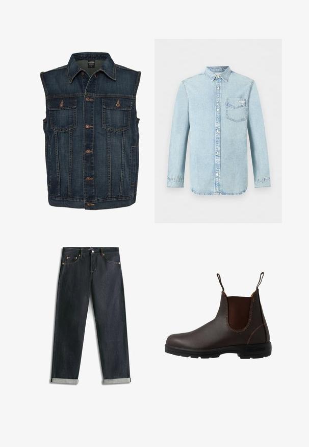 Veste en denim bleu foncé sans manches avec des boutons marron sur le devant et deux poches poitrine boutonnées.; Chemise en denim bleu clair à manches longues, fermeture boutonnée devant, une poche poitrine simple avec le logo Calvin Klein, et un col pointu.; Jean en denim bleu foncé avec revers roulés, cinq poches et coutures contrastées, posé à plat sur un fond blanc.; Botte Chelsea en cuir marron avec panneau latéral élastique, coutures marron, languettes de tirage, et une semelle en caoutchouc durable avec un motif texturé.
