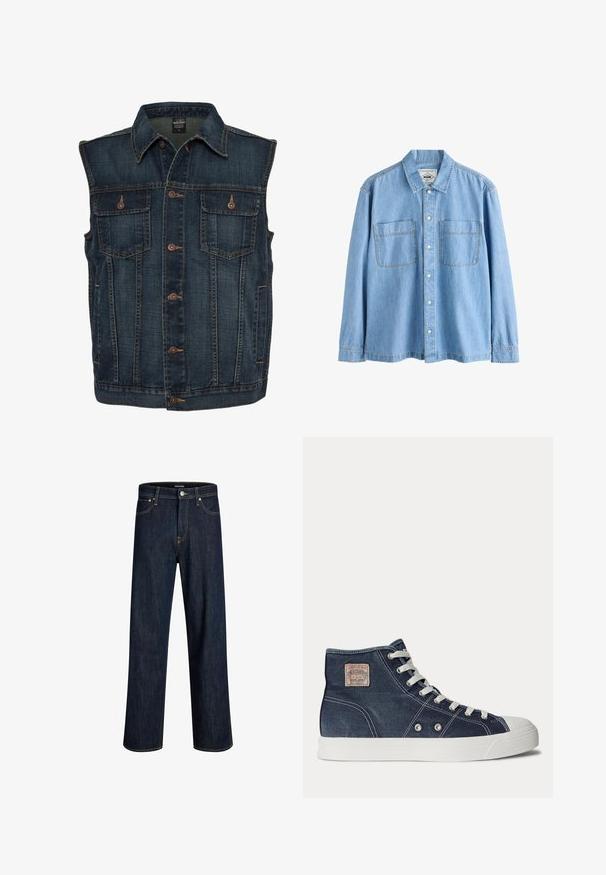 Donkerblauw mouwloos spijkervestje met bruine knopen aan de voorkant en twee borstzakken met knopen.; Lichtblauw denim overhemd met lange mouwen, knoopsluiting aan de voorkant en twee borstzakken, weergegeven op een witte achtergrond.; Donkerblauwe denim jeans met een rechte pasvorm, gestikt met contrasterend gouden garen, met vijf zakken en een knoopsluiting aan de voorkant.; Marineblauwe hoge sneaker met witte veters, witte rubberen zool, metalen oogjes en een klein beige merklabel op het enkelgebied.
